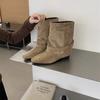 Soft leather version~ thick heel square trouser boots autumn and winter new belt buckle short boots retro thin short boots
