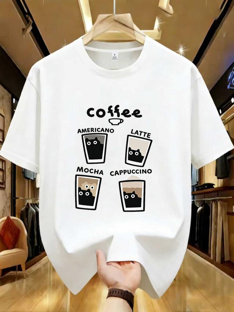 Cat Coffee Pure Cotton Cartoon Printed Unisexs And Unisexs Fashionable Loose Short Sleeved Summer New Personalized Casual Tshirt