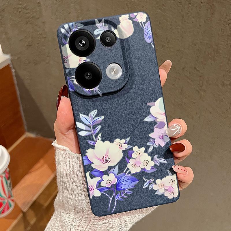 Floral Print Leather Texture TPU Soft Case For Xiaomi 13T Pro Poco X7 X6 M6 Pro Redmi Note 14 13 Pro 12 11 Slim Matte Shockproof Phone Cover