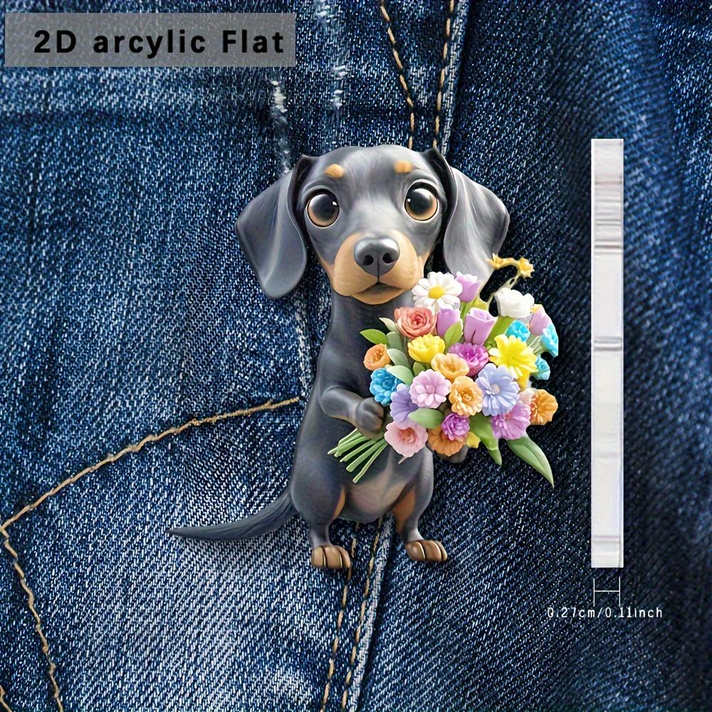 

2D Милый такса Цветочная акриловая брошь Женский аксессуар Подарок на День матери Весна Лето День рождения 5CM
