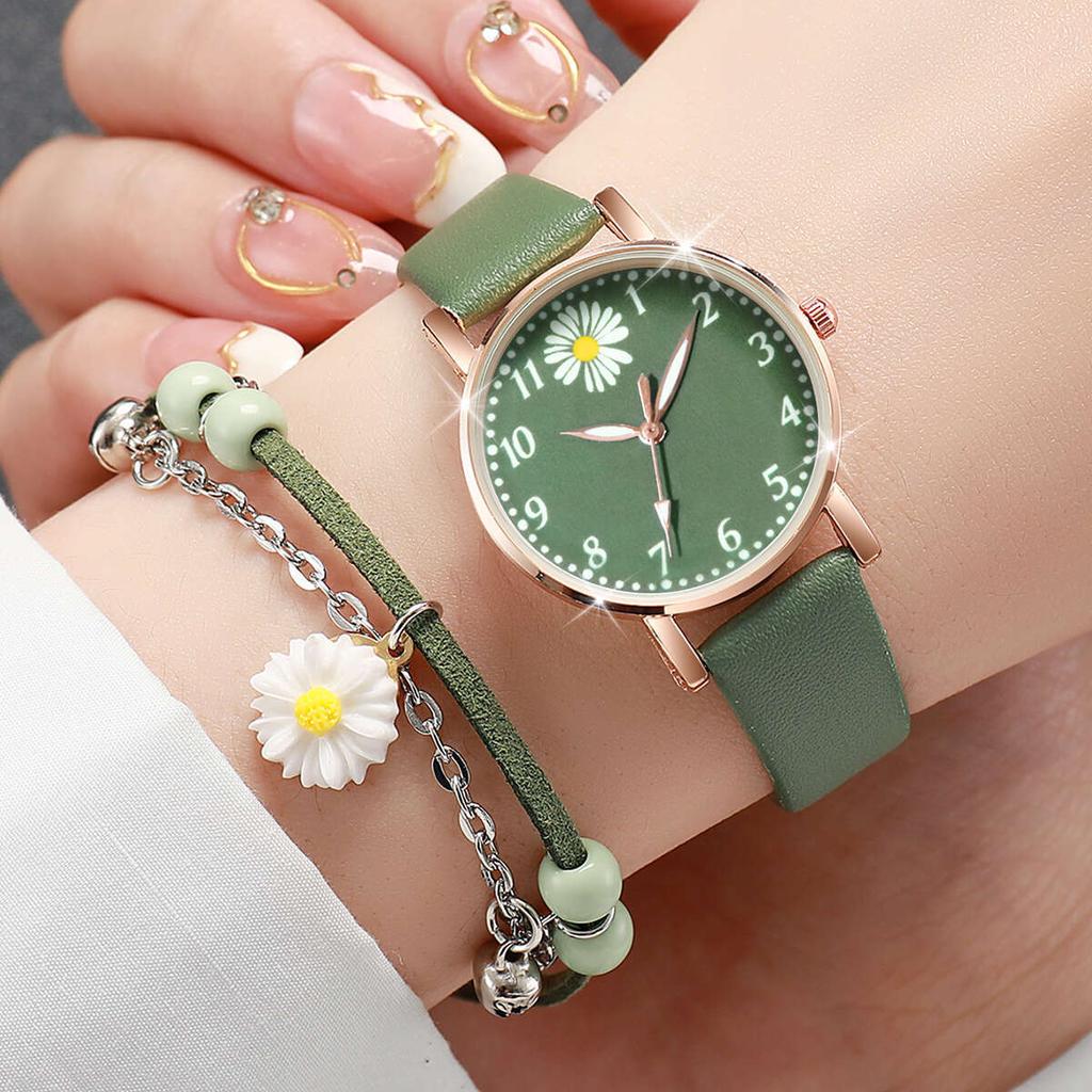 6PCs/Set Women's Retro Watch Set Fashion Simple College Style Student Quartz Leather Watch With Bracelet Set (Box Not Included)