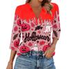 Women's Fashion Casual Lapel 3/4 Sleeve Halloween Print Shirt Women's V-Neck Tops