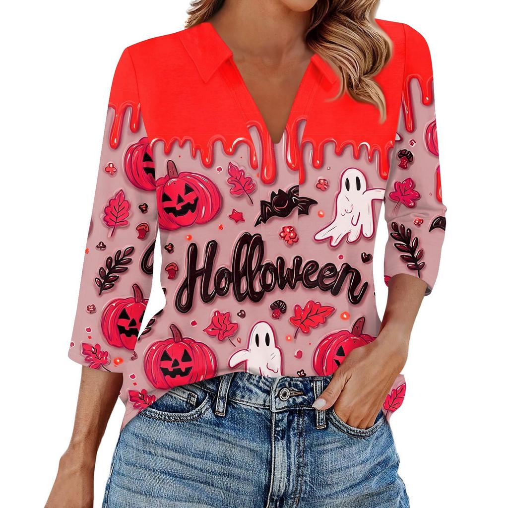 Mote dame casual jakkeslag 3/4 erme Halloween-trykk skjorte dame V-hals topper