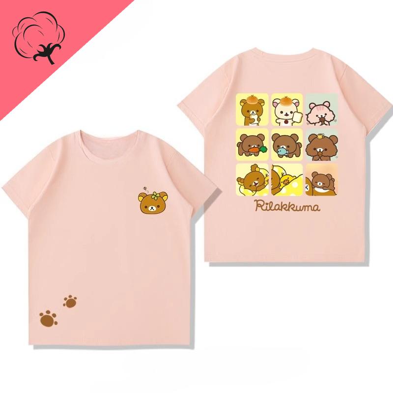 Anime Shirt Rilakkuma Cartoon Cotton Crewneck Casual Kawaii Unique Printed Tee Boy Girl Cute Style Camisa Y2k Clothes Women Tops