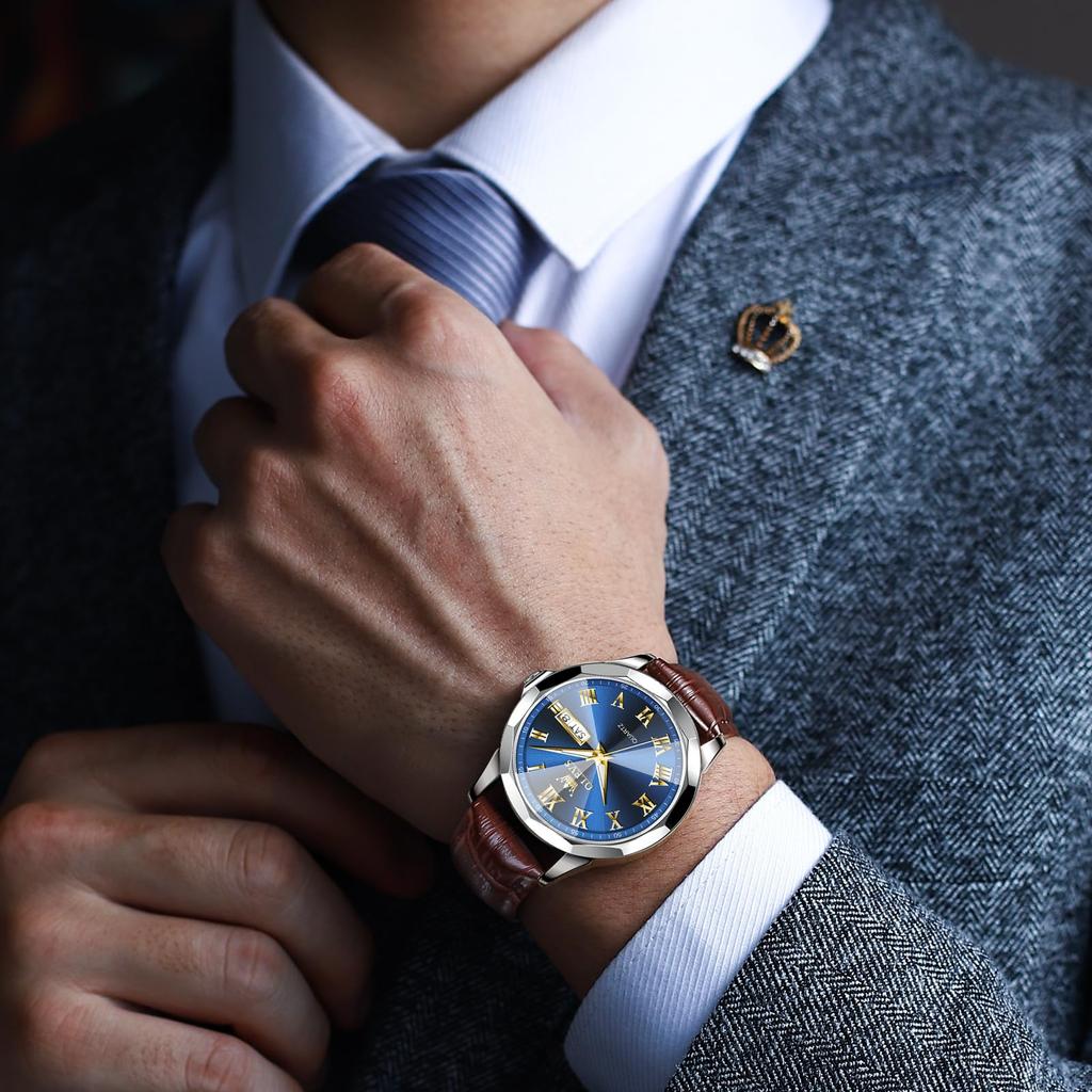 OLEVS Quartz Business Brown Leather Analogue Watch with Date and Day Stylish Blue Leather Men's Watch, Popular, Waterproof, Style, Strap, Display,
