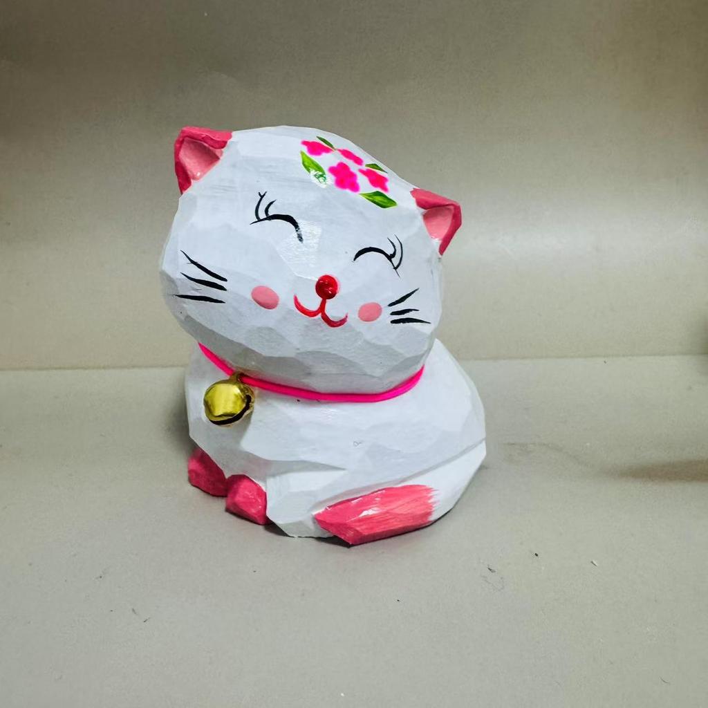 Ręcznie robione wyroby drewniane - Rzeźbiona figurka kotka, Ozdoba o kreatywnym kształcie, Dekoracja DIY, Figurki i miniatury na prezent urodzinowy