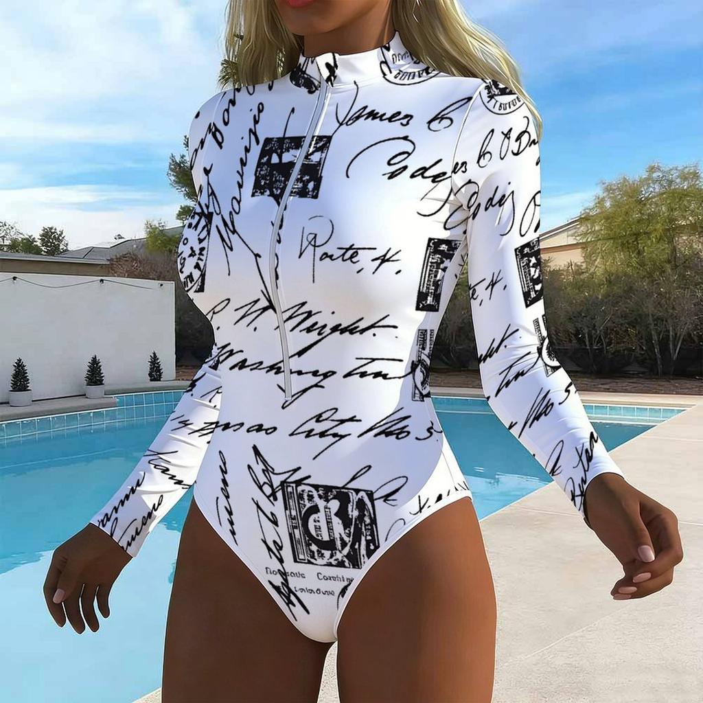 Women Long Sleeve One Piece Swimsuit Zip Front Tropical Flowers Print Rash Guard Surfing Bathing Suit