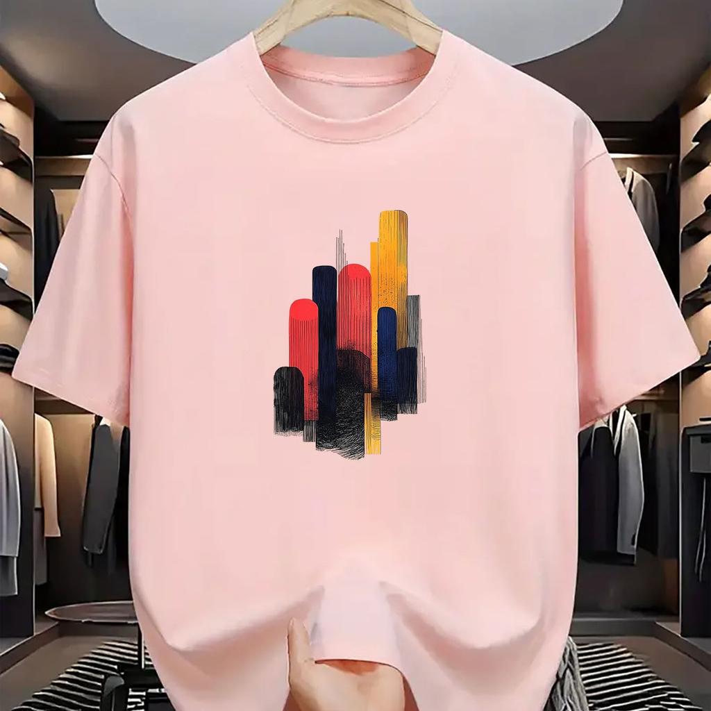 Men's T-Shirt Cream with Colorful Geometric Print Round Neck Short Sleeve for Comfortable Men Clothing