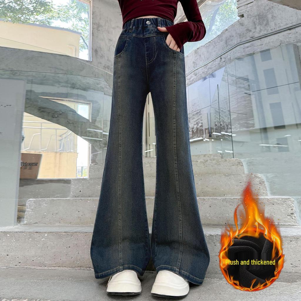2025 New Korean Style Fleece Flared Pants for Girls - Autumn/Winter Elastic Straight-Leg for Middle School Students