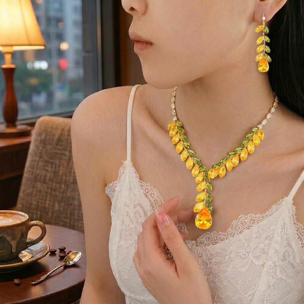 European & American Fashion Trend Zircon Earrings Necklace Set with Wheat Ear Tassel - Fresh, Stylish Jewelry Clavicle Chain.