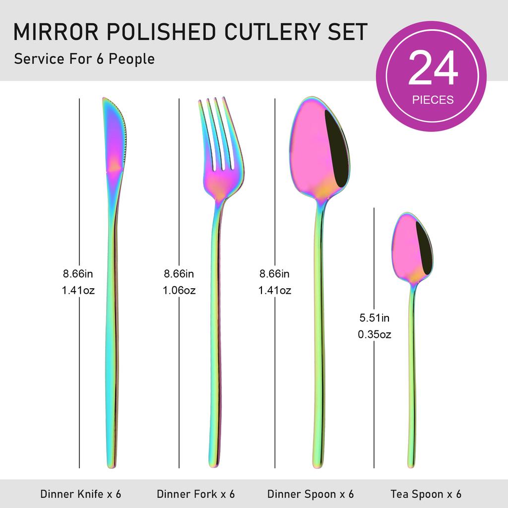 Rainbow 18/10 Stainless Steel Dinnerware Set Kitchen Flatware Tableware Sets Knife Fork Spoon Tea Spoon Cutlery Set Service for 6