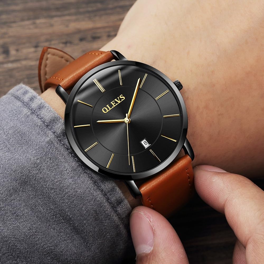 YPF OLEVS Men's Retro Quartz Watch 6.5mm Steel Bezel Leather Band Waterproof Date Dial Black Brown Yellow