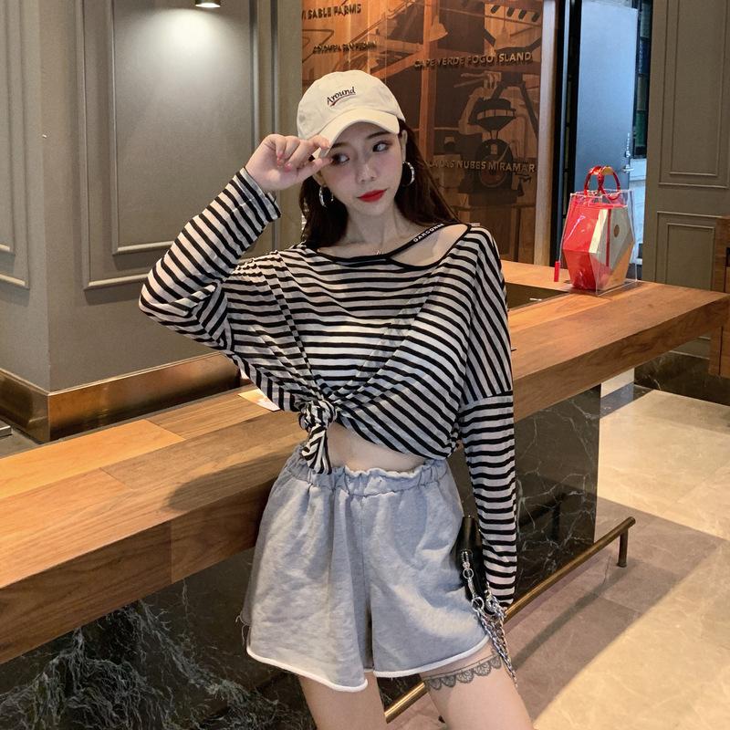 Футболка в полоску из ледяного шелка с длинными рукавами — фото 6