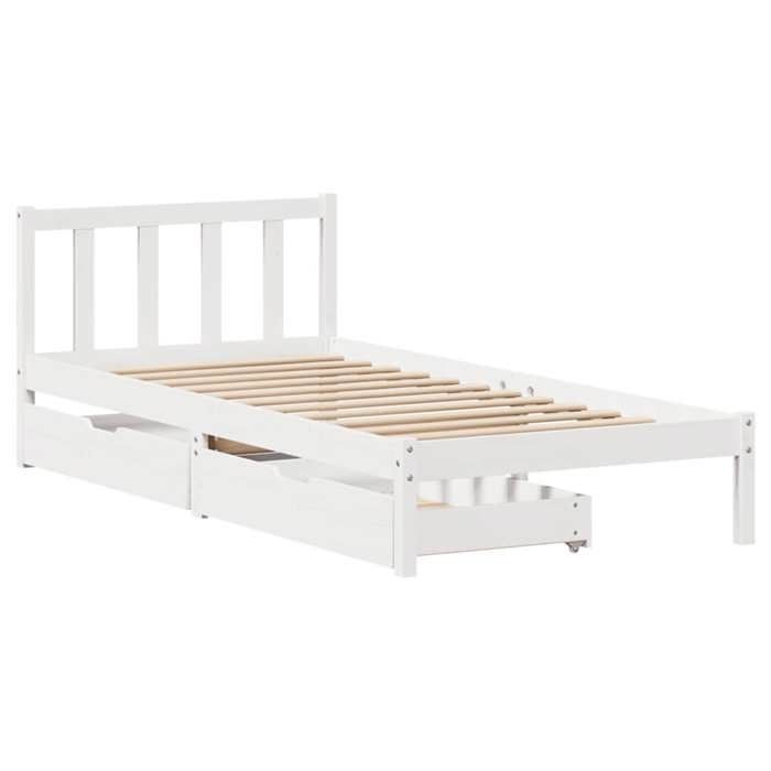 VidaXL Bed Frame with Drawers White 75x190 Cm Solid Pine Wood, Slatted Base, Single Bed Frame, Wooden Bed Frame 3301460