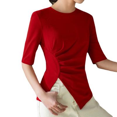 Middle Sleeve T-shirt for Women's Summer New Women's Solid Color Round Neck Cotton T-shirt Irregular Hem Pleated Waist Top