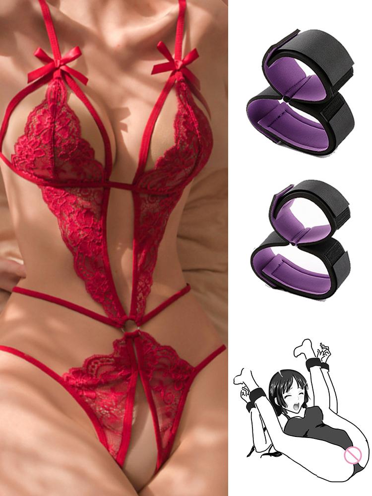 Crotchless Sexy Lingerie For Women Exposed Naughty Underwear Strap Bandage Belt Bodysuit Red Floral Backless Hollow Chest Plus