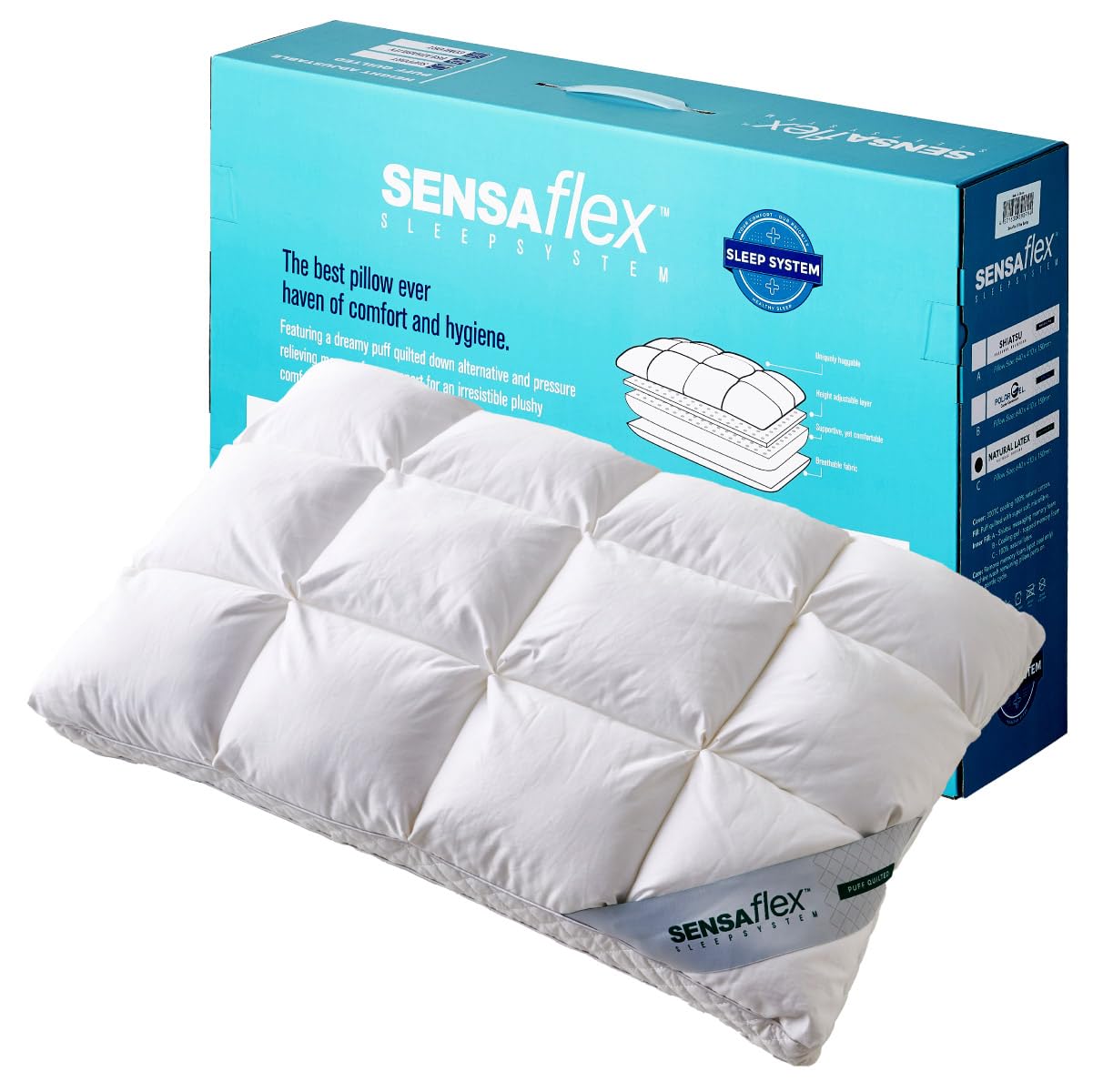 

Smart-i Sensaflex Pillow, a height-adjustable hybrid pillow made from natural latex and memory foam, with a double-sided design, high resilience,
