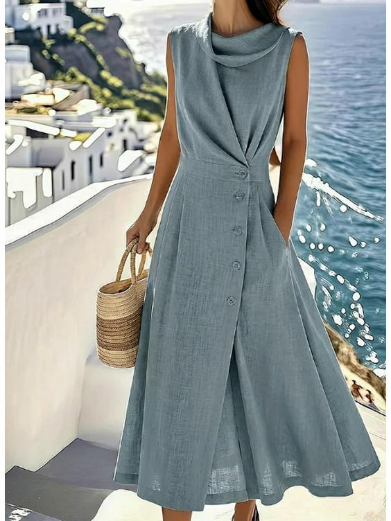 Elegantes ärmelloses Kleid aus französischer Leinen-Baumwolle für Damen - Strandurlaub 2026