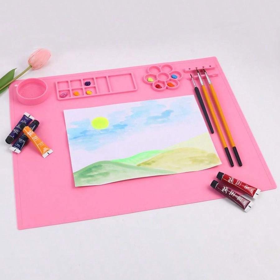 Silicone Painting Mat Kids Art Crafts Pads with Cup and Paint Brush Holder Palette DIY Handmade Mat