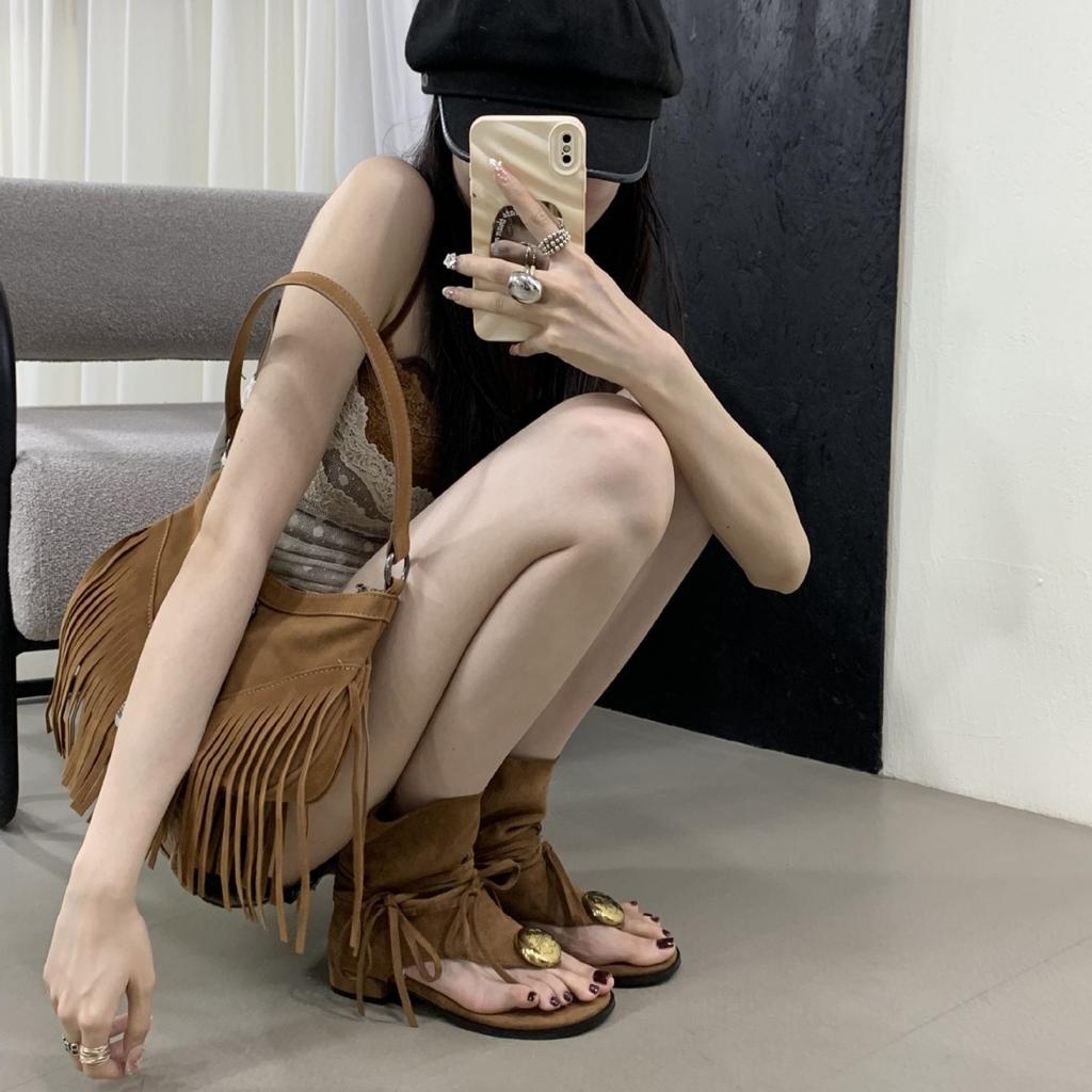 Tassel metal toe cool boots women's 2025 summer new Roman sandals thick heel pile boots western cowboy boots