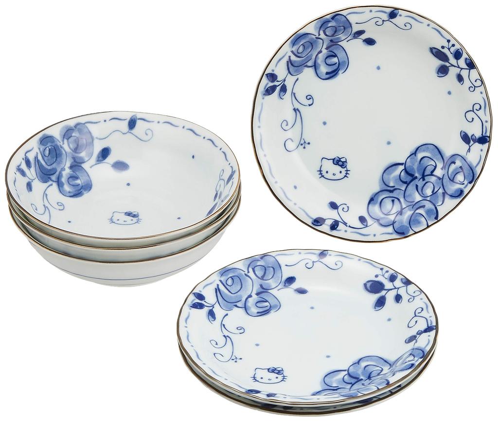 Sanrio Kitty Blue Rose Plate and Bowl Set of 6 307743 "Hello Kitty" (Sometsuke) (Gift Boxed)