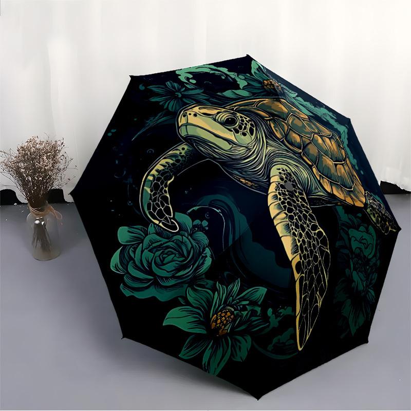 1pc Sea Turtle Flowers Automatic Open 8-Rib Windproof Umbrella, Travel & Commuting, Suitable for All Seasons