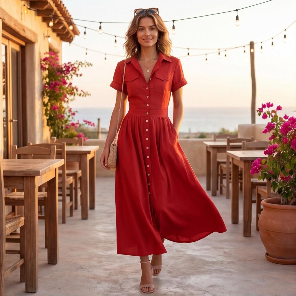 Damen Maxikleid mit kurzen Ärmeln, Knopfleiste und Kragen im Vintage Western Stil mit Brusttasche für Freizeitkleidung