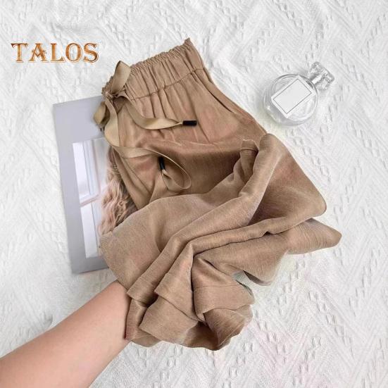 Women Casual Pants Elastic Waist Adjustable Drawstring Straight Wide Leg Trousers with Pockets Solid Color Loose Fit Long Pants