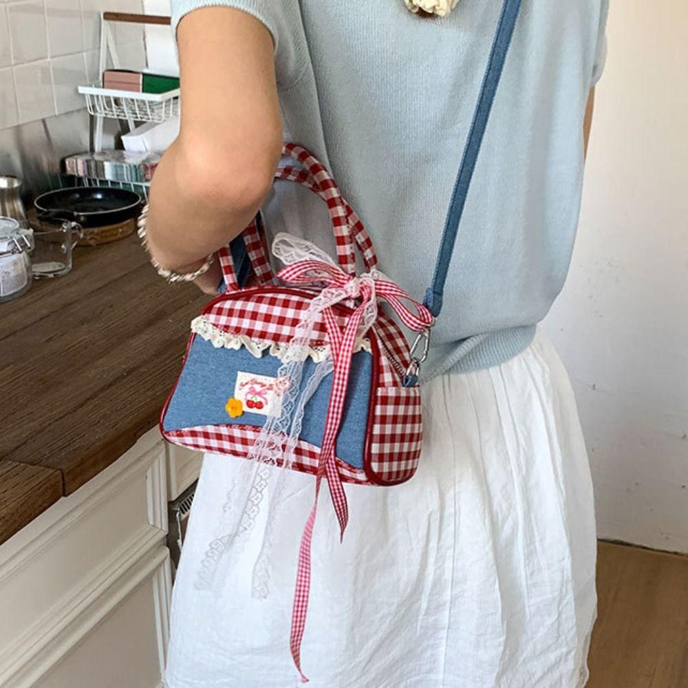 Rural Style Denim Plaid Handbag Lovely Sweet Crossbody Bag Retro Lattice Bowling Bag  Students