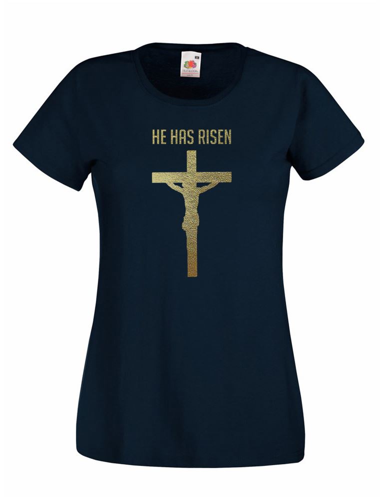 Unisexs He Has Risen Crucifix Jesus Christ Catholic Faith Lady Fit Black TShirt 2XL