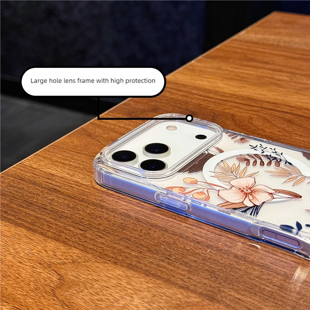 Luxury Clear Flowers For Magsafe Phone Case For iPhone 17 Air 16 15 14 13 Pro Max 16E Magnetic Wireless Charge Shockproof Cover