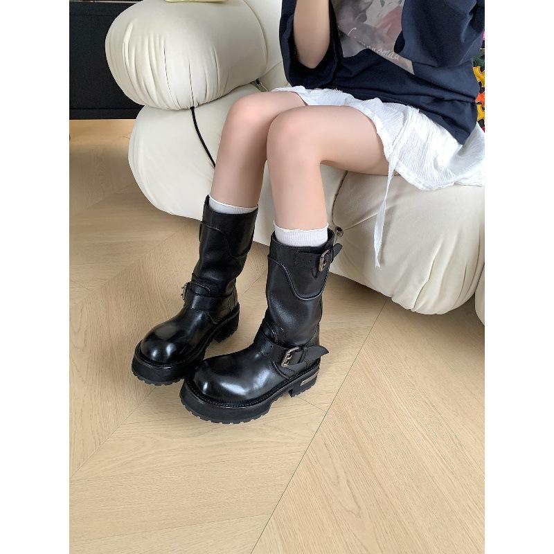 Cowhide Washed Cowhide Locomotive Boots Martin Boots Women's Short Boots Retro Street Dark Wind Heightened Thick-soled Medium Boots