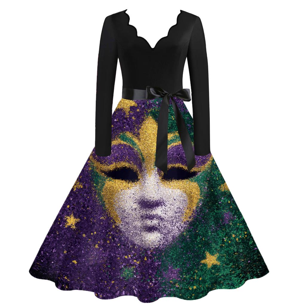 Women's Casual Fashion V Neck Carnival Printed Vintage Dress