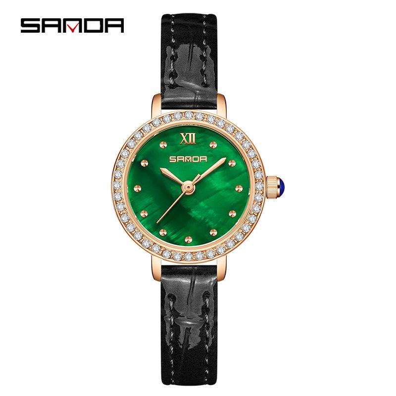 SANDA Women s Elegant Quartz Wristwatch with Mother-of-Pearl and Diamond Inlaid Round Dial