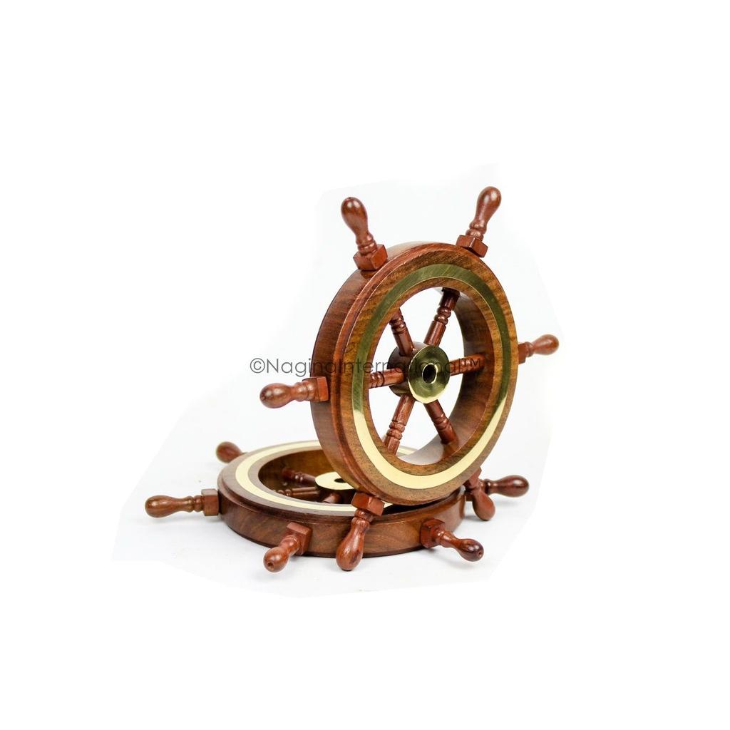 Hand Crafted Premium Nautical Wooden Ship Wheel | Exclusive Pirate's Wall Decor | Ocean  (Natural Wood - Brass Ring, 4 Inches)