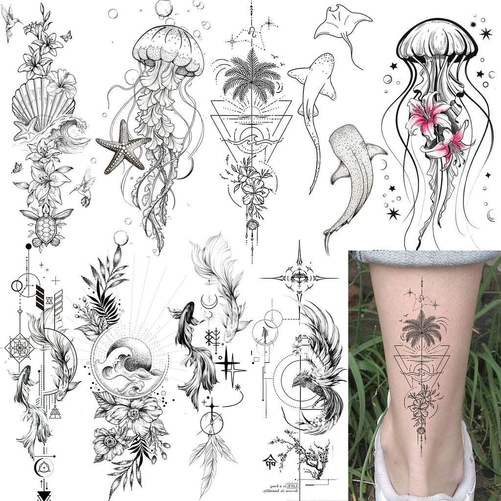 1 Sheet Ocean Jellyfish Geometric Temporary Tattoos For Women Men Hands Foot, Fake Tattoo Stickers Waterproof Realistic Tattoos