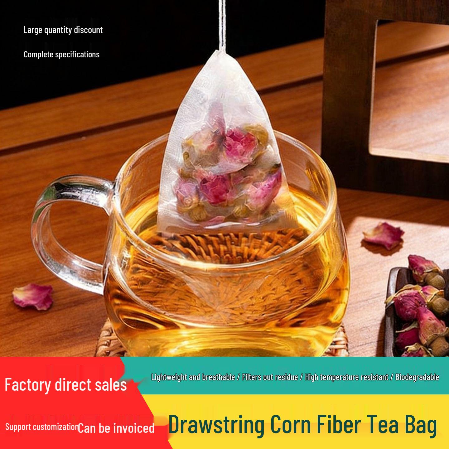 

Biodegradable Corn Fiber Drawstring Tea Bag Filter - Food Grade Flower Tea Bag Drawstring 5.5*7cm; 100 pieces; White