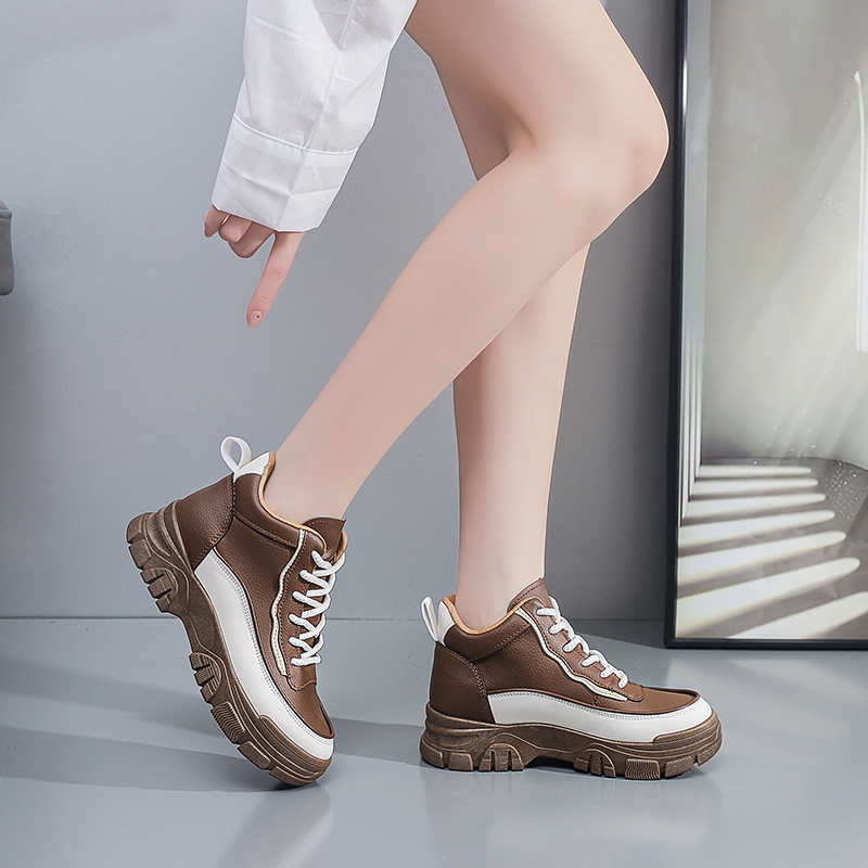 Fashion Natural Leather Autumn Women's Luxury Boot Casual Sneakers Beige Black And White Woman Shoes Sports Excercise Sport