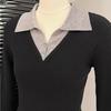 Women's Color-block Polo Knit Sweater Autumn Winter Slim-fit Stretchy Knit Sweater Soft Skin-friendly Knit Pullover