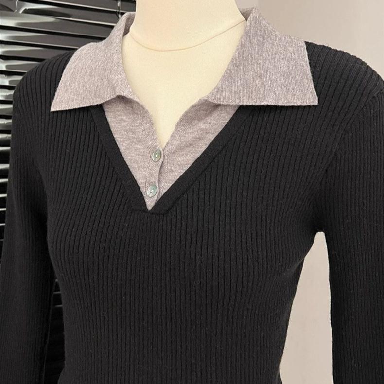 Women's Color-block Polo Knit Sweater Autumn Winter Slim-fit Stretchy Knit Sweater Soft Skin-friendly Knit Pullover