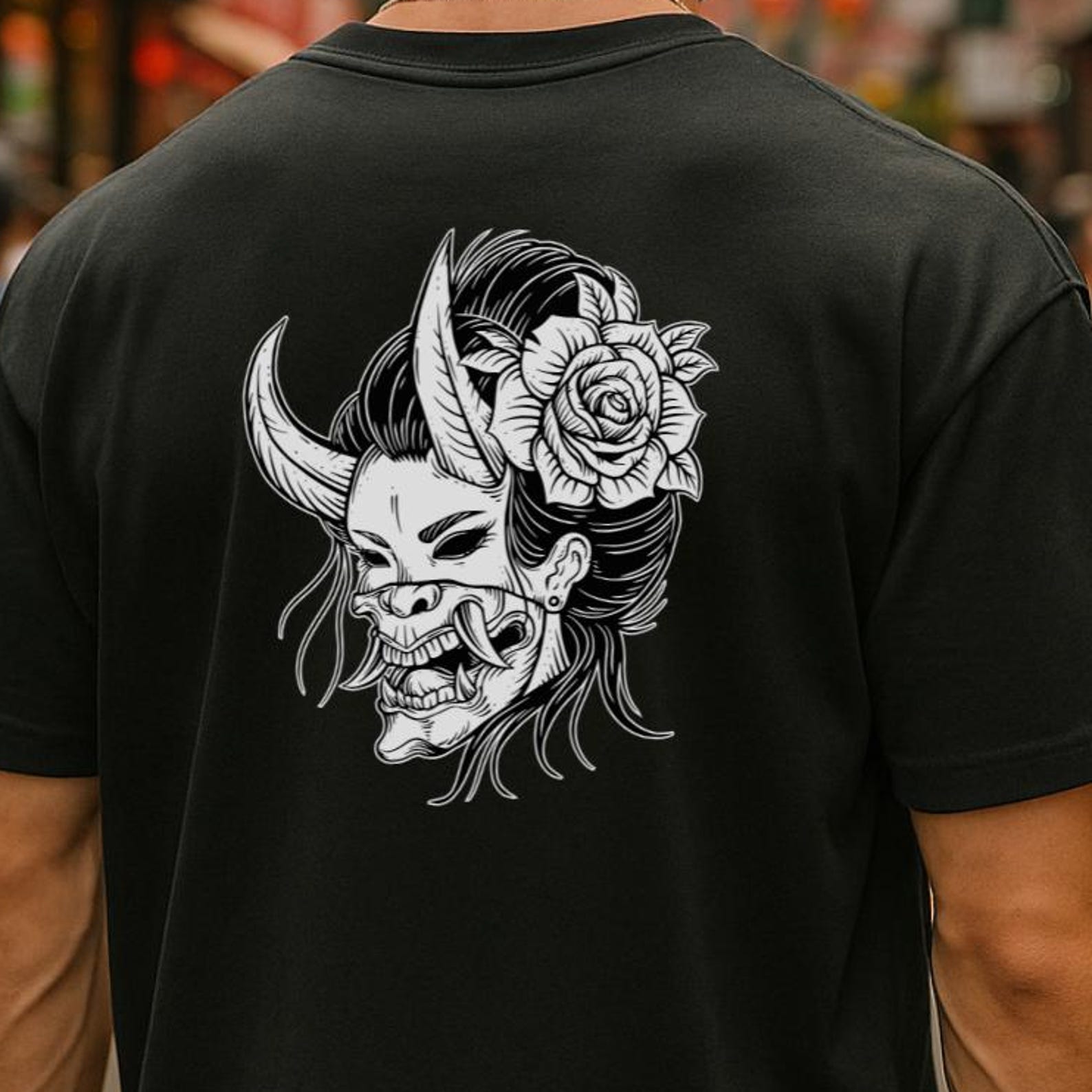 Hannya Mask T-Shirt: Japanese Oni Tattoo Art, Dark Streetwear S