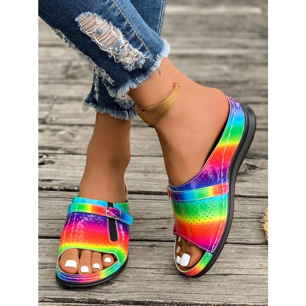 Übergröße Damen Metall Schnalle Eine Riemen Keilabsatz Sandalen, Sommer Dicke Plateau Peep Toe Erhöhte Freizeit Schuhe