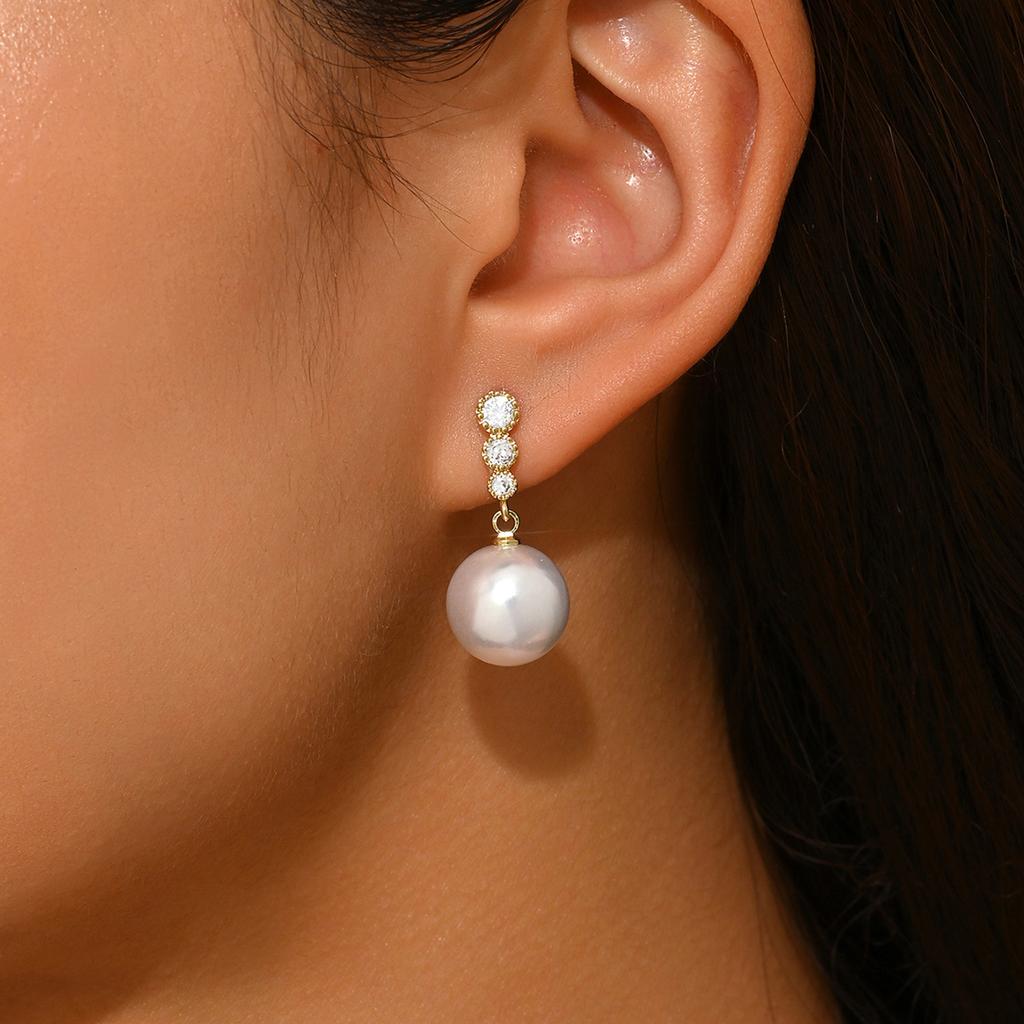Luxury Pearl Earrings for Women Gold/Silver Plated Round CZ Dangle Earrings 12mm Pearl Bridal Wedding Daily Wear Jewelry