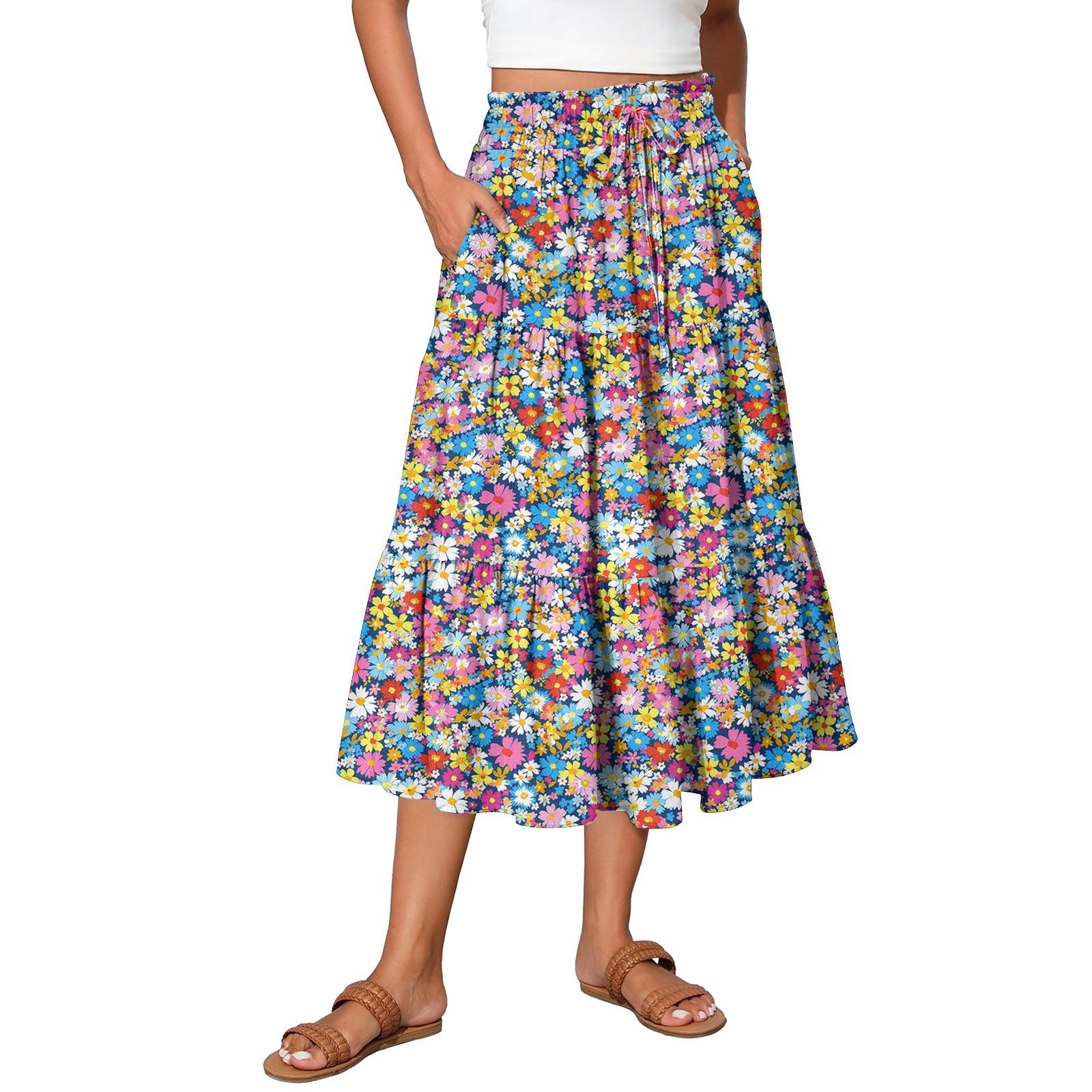 

Womens Maxi Skirt Drawstring High Waisted Summer Long Skirts Lightweight Tiered Flowy Floral Pleated Skirts XL