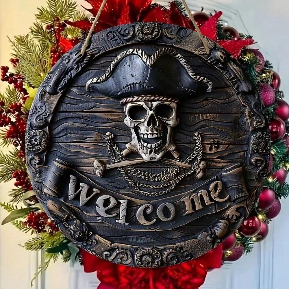 Metal Wall Art Pirate Skull Welcome Sign Home Decor Halloween Gift