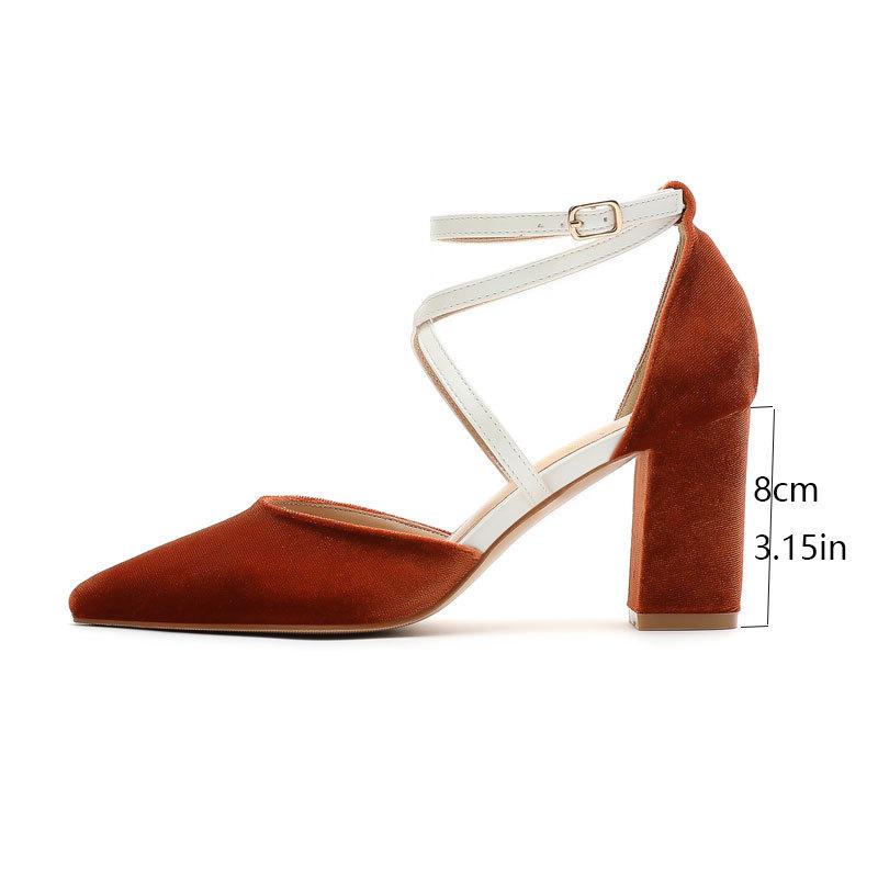 Coarse Heel High Heel Shoes Hong Kong Style Pointed Head Fashion Personality Versatile Golden Velvet Comfortable Niche High Heel Light Mouth Women's