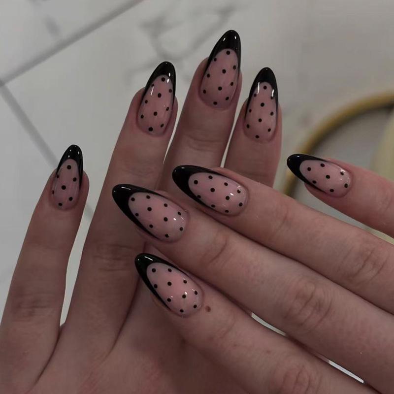 Simple Black Almond-Shaped Wearable Nails with French Polka Dot Art