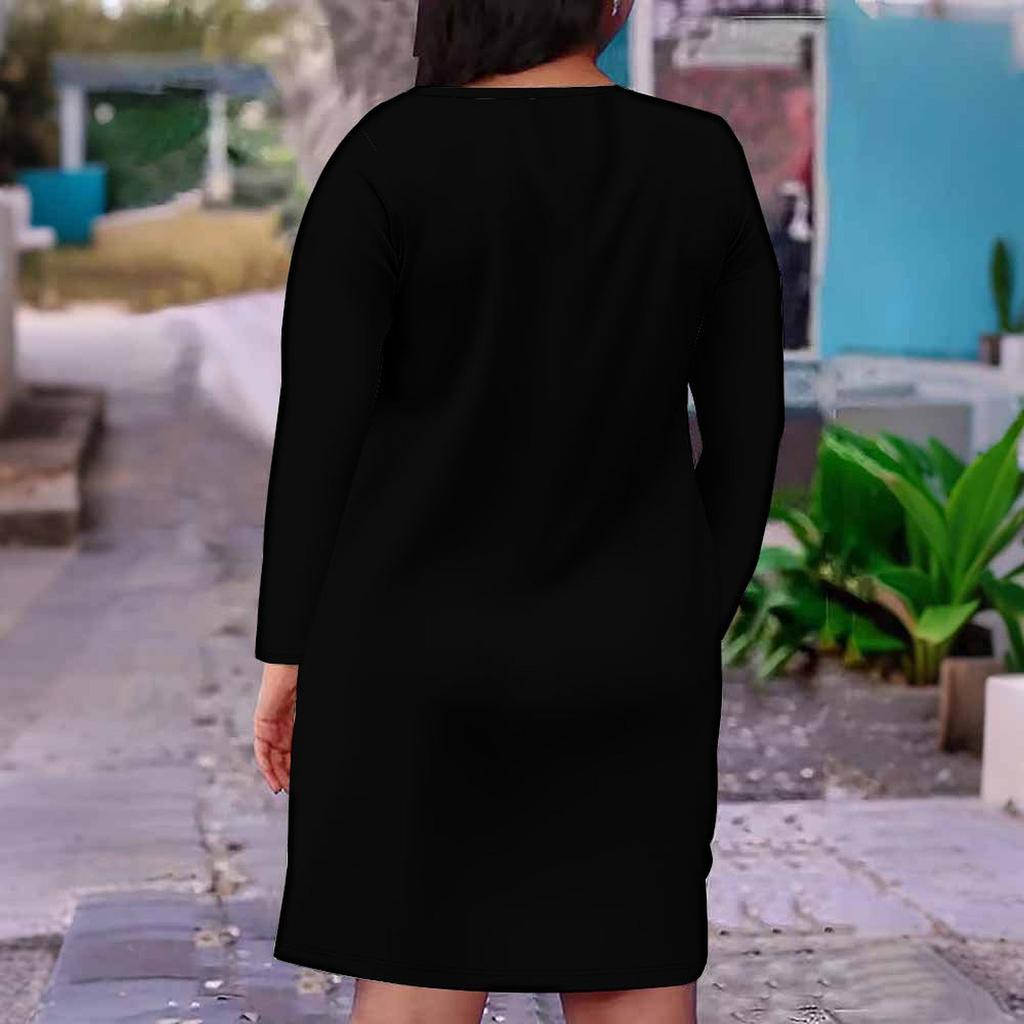 Women Plus Size V Neck Long Sleeve Black White Geometric Printed Fitted Dress