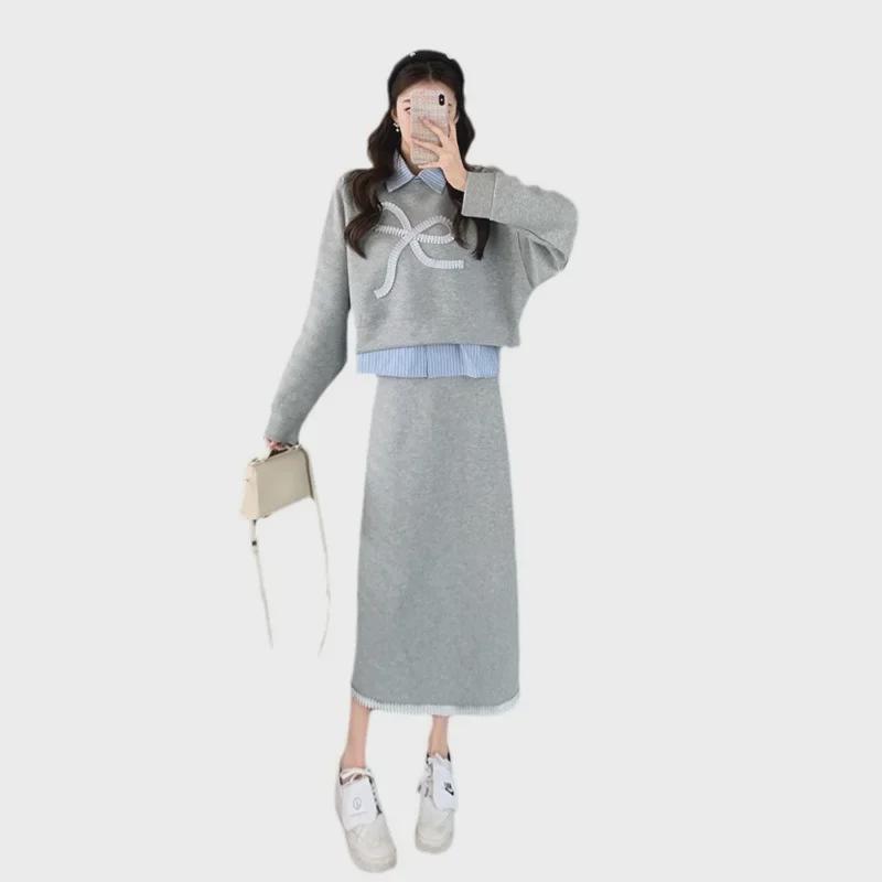 2024 Autumn & Winter Korean-Style Casual Sweater, Skirt & Shirt Three-Piece Set for Women