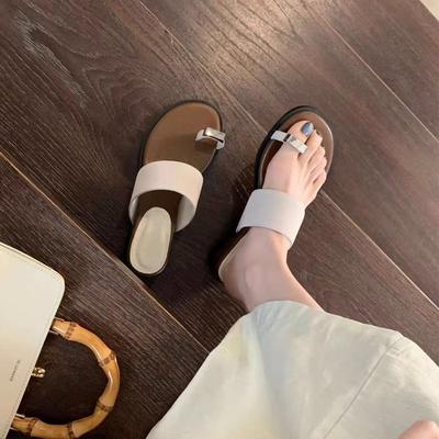 Height Increase of 4cm~ Leather Metal Cover Toe Slope Heel One-word Slippers Women's 2025 New Thick-soled Sandals To Wear Outside Summer